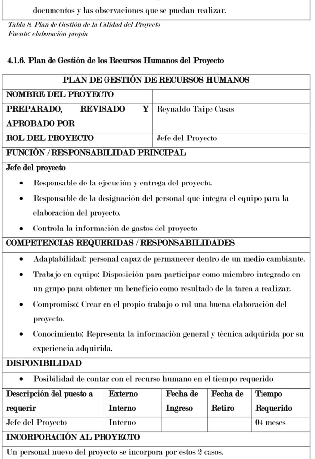 Tabla 8. Plan de Gestión de la Calidad del Proyecto  Fuente: elaboración propia