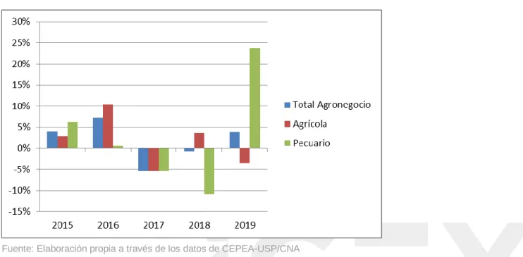 Gráfico  2:  Variación  anual  (en  %)  del  PIB  representado  por  el  agronegocio  y  sus  dos  principales  segmentos,  desde el 2015 hasta el 2019