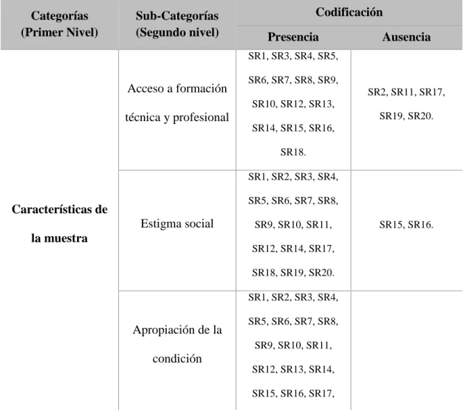 Tabla 3. Codificación de los datos extraídos según las categorías establecidas. 