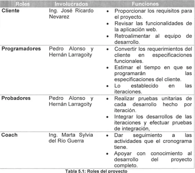 Tabla 5.1:  Roles del proyecto 