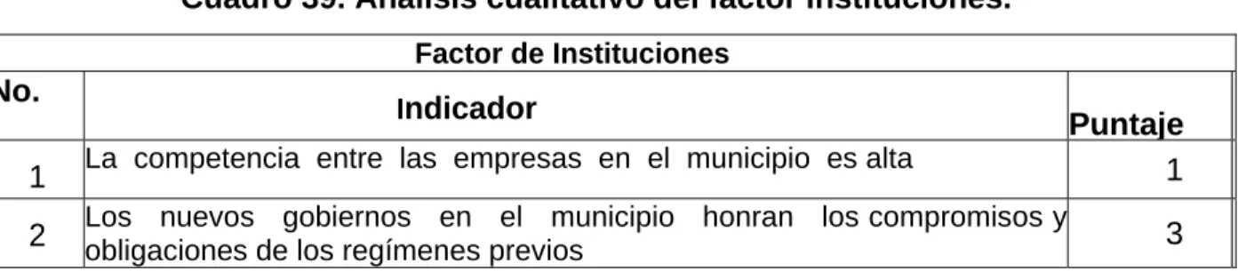 Cuadro 39. Análisis cualitativo del factor instituciones. 
