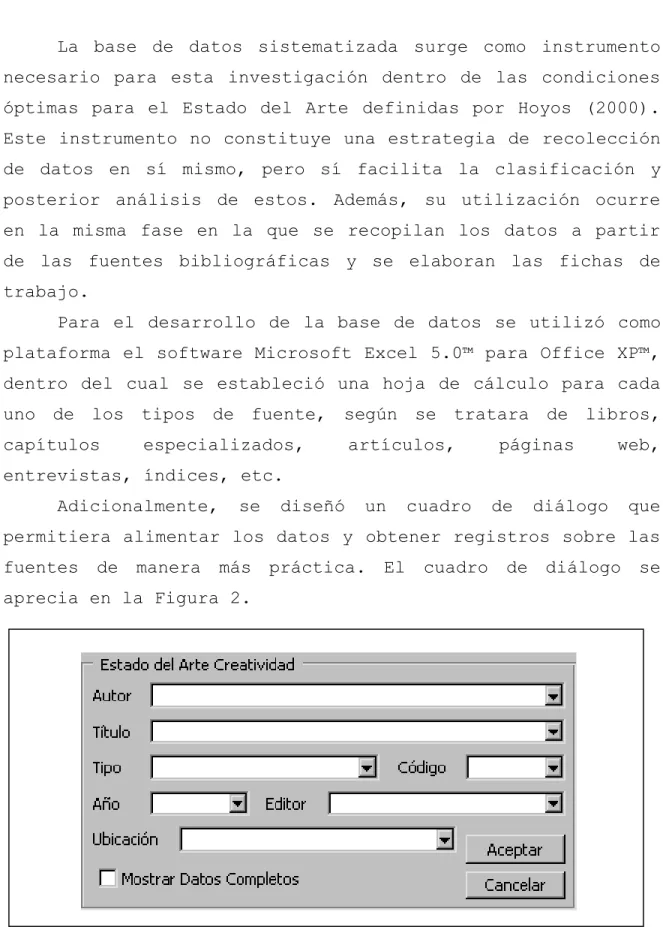 Figura 2. Cuadro de Diálogo Base de Datos 