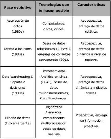 Tabla 1.1 Etapas en la evolución de la Minería de Datos. 
