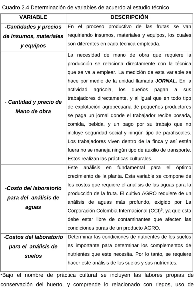 Cuadro 2.4 Determinación de variables de acuerdo al estudio técnico 