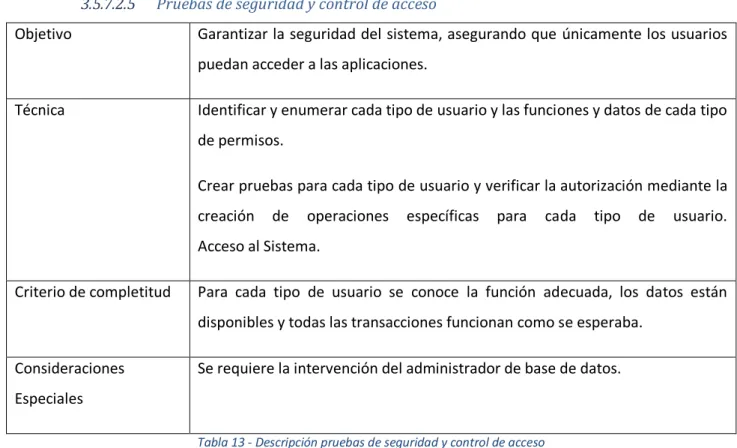 Tabla 13 - Descripción pruebas de seguridad y control de acceso 
