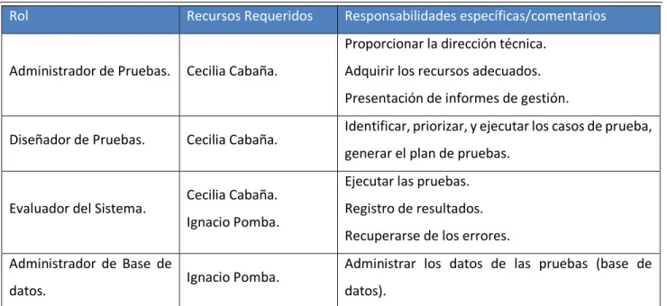 Tabla 15 - Responsables framework de testing 