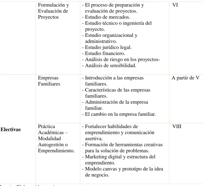 Tabla 10: Diagnostico de Asignaturas de los Programas de Pregrado sobre Emprendimiento