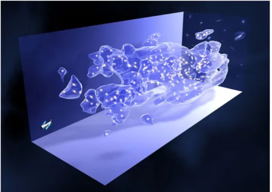 Figure 1.3: A three-dimensional map of the large-scale distribution of dark matter, recon- recon-structed from weak-lensing data