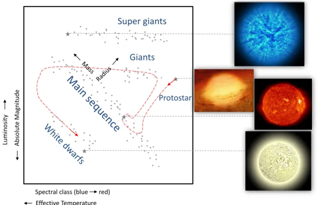 Figure 1.12: Schematic Hertzsprung-Russell diagram with the location and illustrative pic- pic-tures of the main phases of stellar evolution