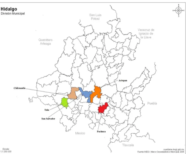 Mapa 2.1. Ubicación de asociaciones de estudio en el estado de Hidalgo, 2010 