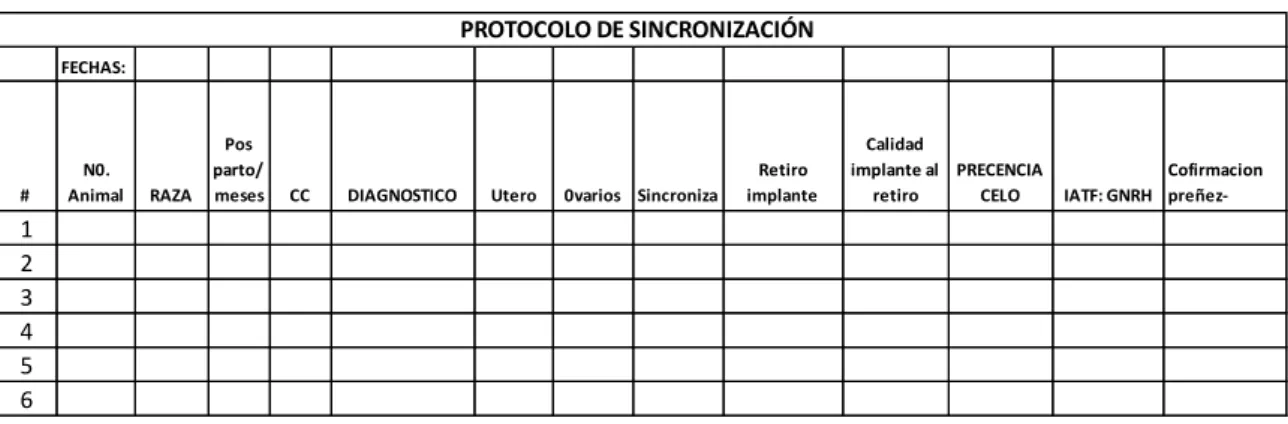 Tabla 1: Ficha de llevar datos para los protocolos IATF en estudio. 