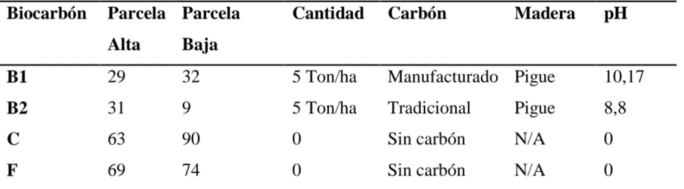 Tabla 6. Tipo de biocarbón en las parcelas permanentes  Biocarbón   Parcela 