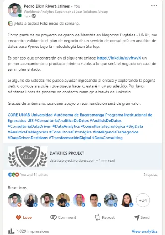 Figura 24. Post en LinkedIn del sitio web. Fuente: LinkedIn®. 