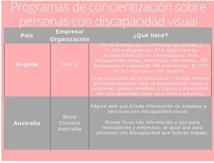 Tabla 1. Programas de concientización sobre personas con discapacidad visual 