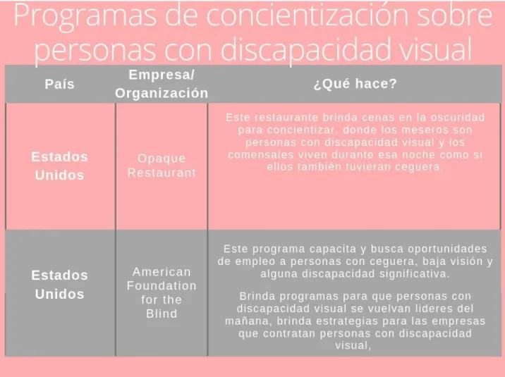 Tabla 1.  ​ Programas de concientización sobre personas con discapacidad visual. 