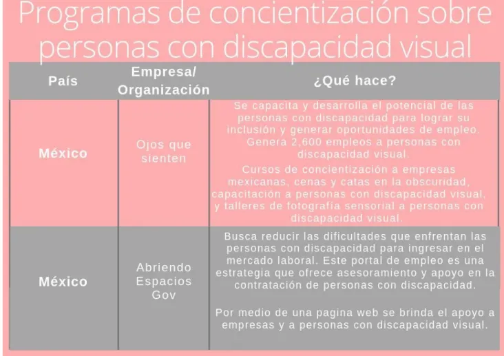 Tabla 1.  ​ Programas de concientización sobre personas con discapacidad visual. 