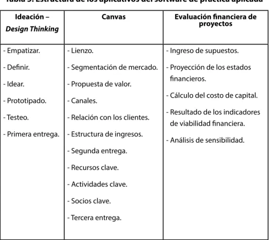 Tabla 5. Estructura de los aplicativos del software de práctica aplicada Ideación –