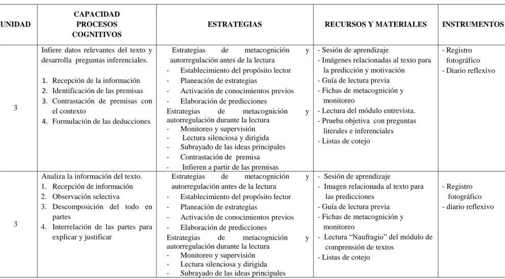 Cuadro de planificación de sesiones de aprendizaje alternativas 