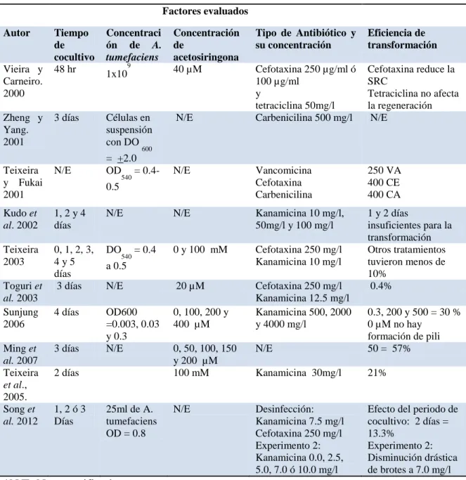 Tabla 1.- Comparación entre diferentes protocolos de transformación en ornamentales. 