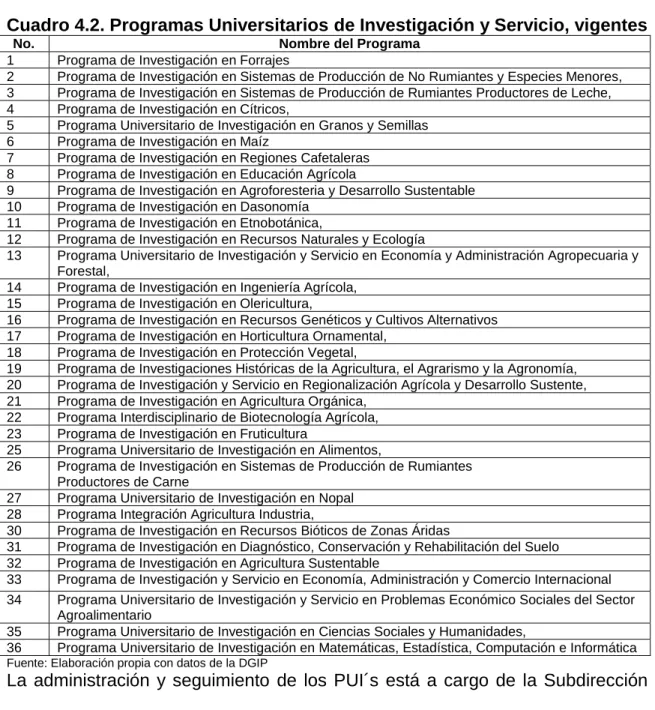 Cuadro 4.2. Programas Universitarios de Investigación y Servicio, vigentes 