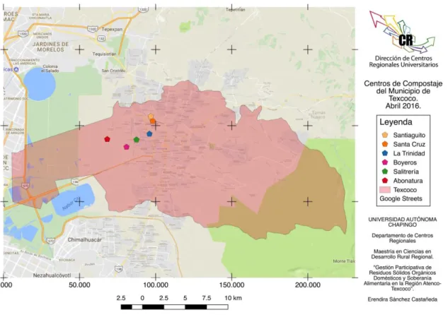 Figura 3. Mapa de ubicación de los centros de compostaje del municipio de Texcoco. Abril  2016