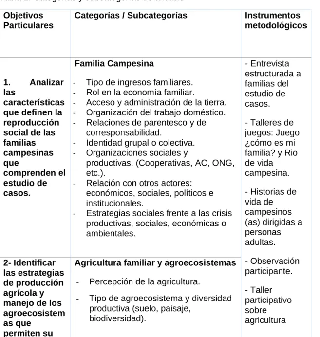 Tabla 1. Categorías y subcategorías de análisis  Objetivos 