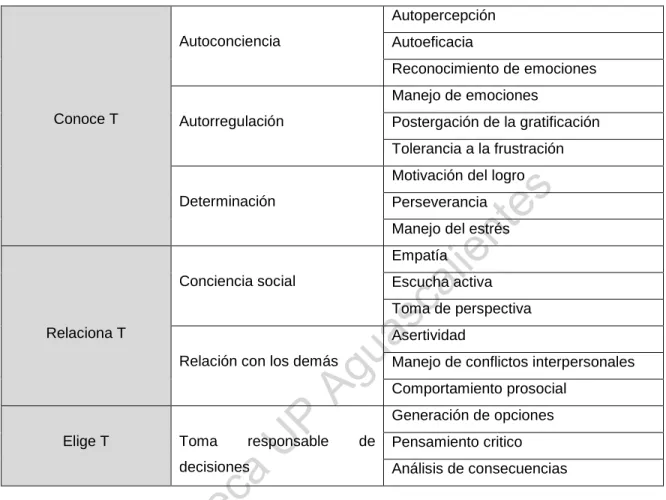 Tabla 5 Habilidades Generales y Específicas del Programa "Construye T" 