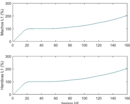 Figura 30. Predicción de la población de machos y hembras de trips en segundo  instar larvario, mediante el modelo complejo programado en FST