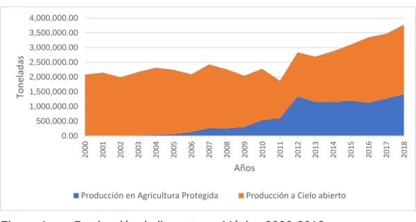 Figura 5.  Superficie sembrada jitomate 2000-2018  Fuente: Elaboración propia con datos del SIAP 2020 
