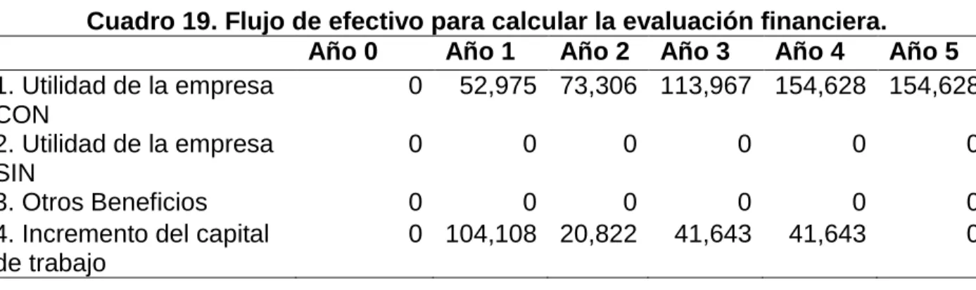Cuadro 18. Flujo de efectivo para calcular la evaluación privada. 