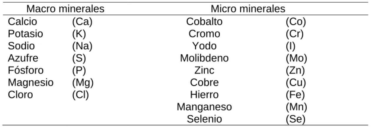 Cuadro 1. Macro y micro minerales 