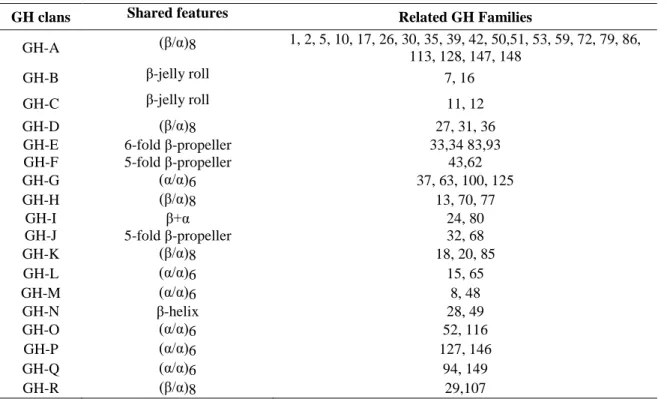 Table 5. The established Glycoside Hydrolases clans of related families in the CAZy database (adapted from  http://www.cazy.org/)