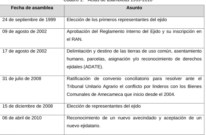 Cuadro 1.  Actas de asambleas 1999-2010 