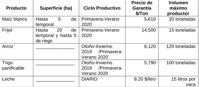 Cuadro 2. Descripción programa Precios de Garantía. 