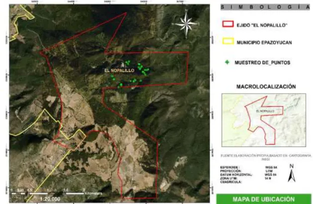 Figura 3. Mapa de ubicación del ejido "El Nopalillo”, Epazoyucan Hidalgo. 