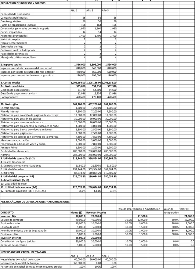 Cuadro 19. Proyección de ingresos y egresos del proyecto 