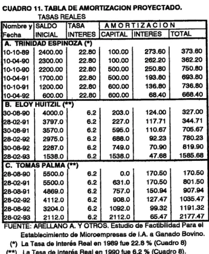 CUADRO 11. TABLA DE AMORTIZACION PROYECTAD(). 