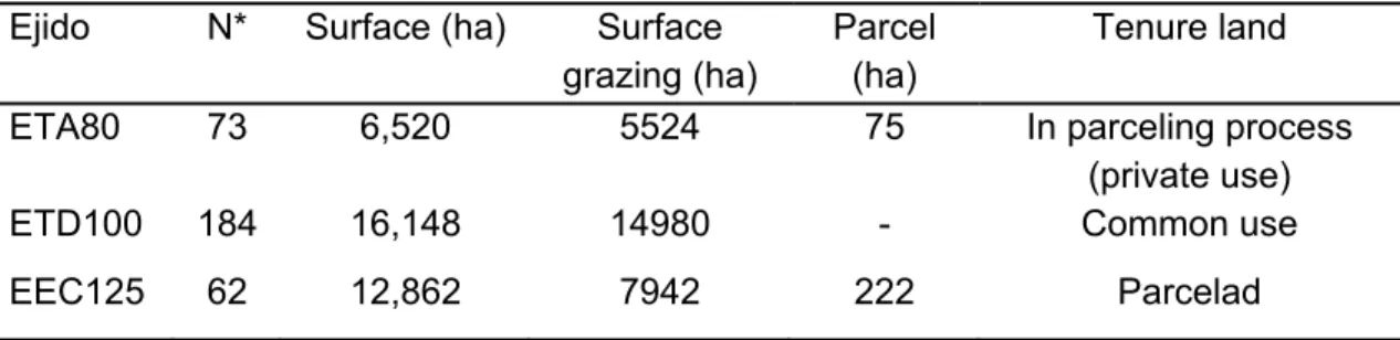 Table 1. Ejidos from Catorce: characteristics  Ejido  N*  Surface (ha)  Surface 
