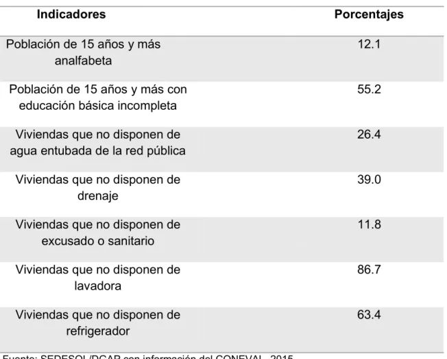 Cuadro 1. Componentes del índice de rezago social municipal 2015, en el  municipio San Felipe del Progreso