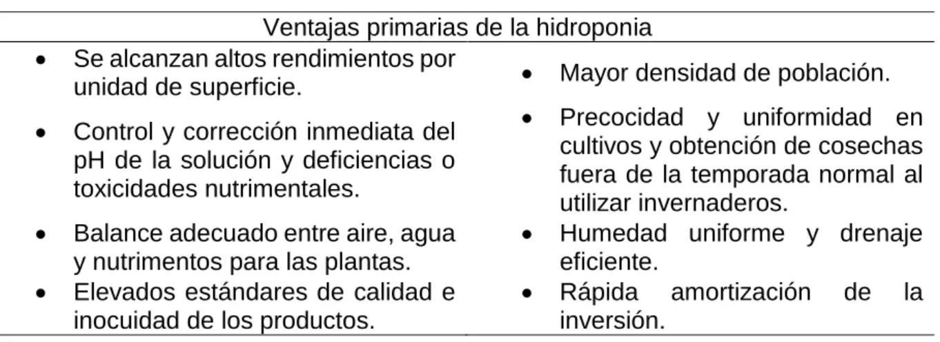 Cuadro 1. Ventajas primarias de la hidroponia. 
