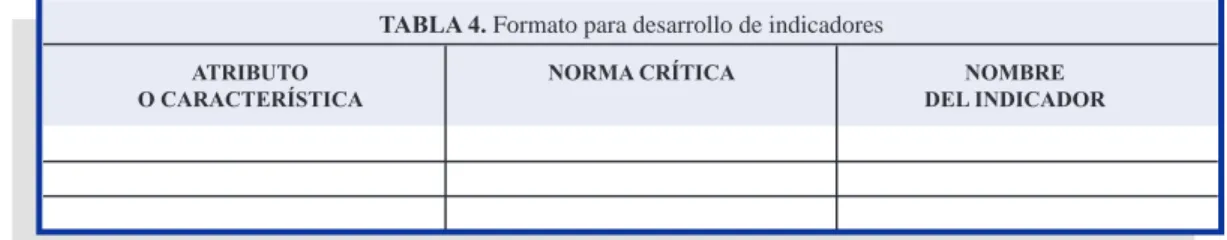 TABLA 4.  Formato para desarrollo de indicadores 