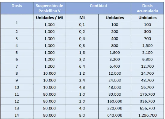 Tabla 19. Protocolo desensibilización penicilina 