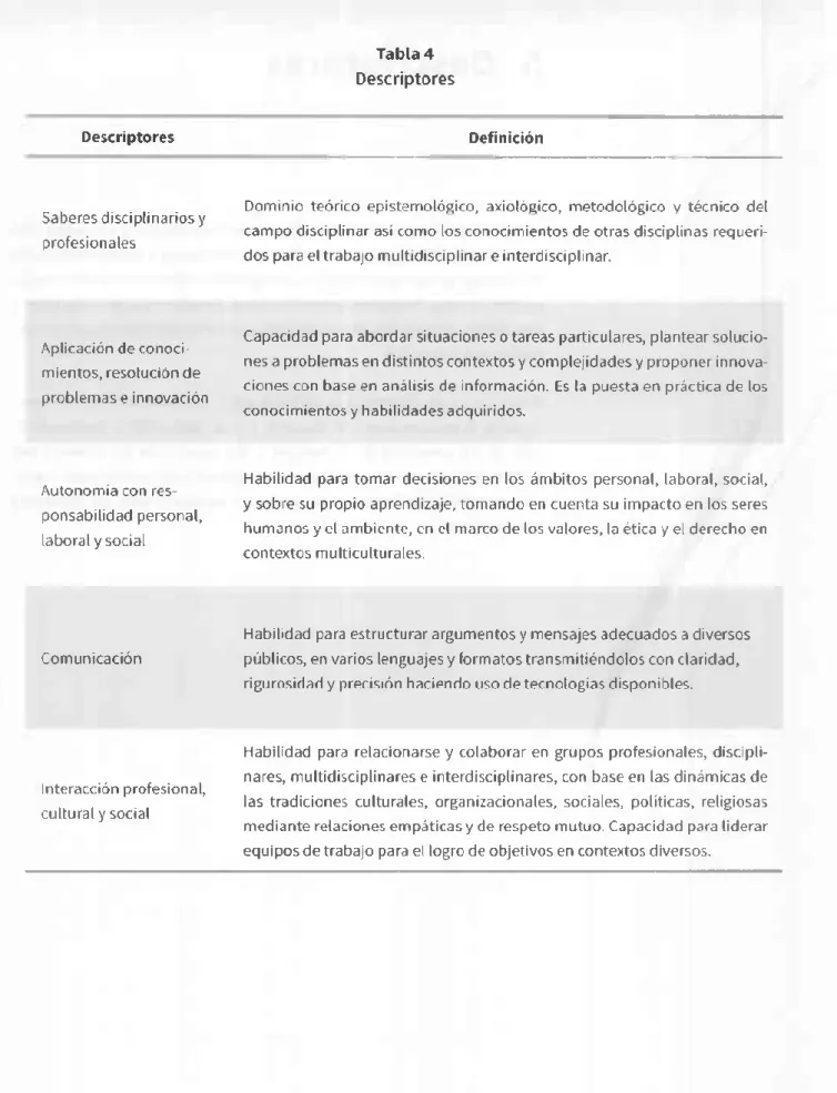 Tabla 4 Descriptores