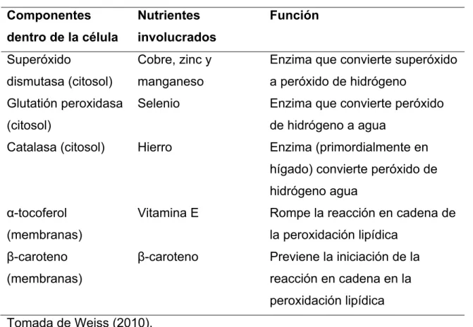 Tabla 1 Funciones antioxidantes de micronutrientes en el ganado.  