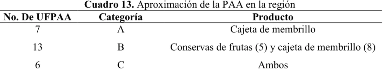 Cuadro 13. Aproximación de la PAA en la región 