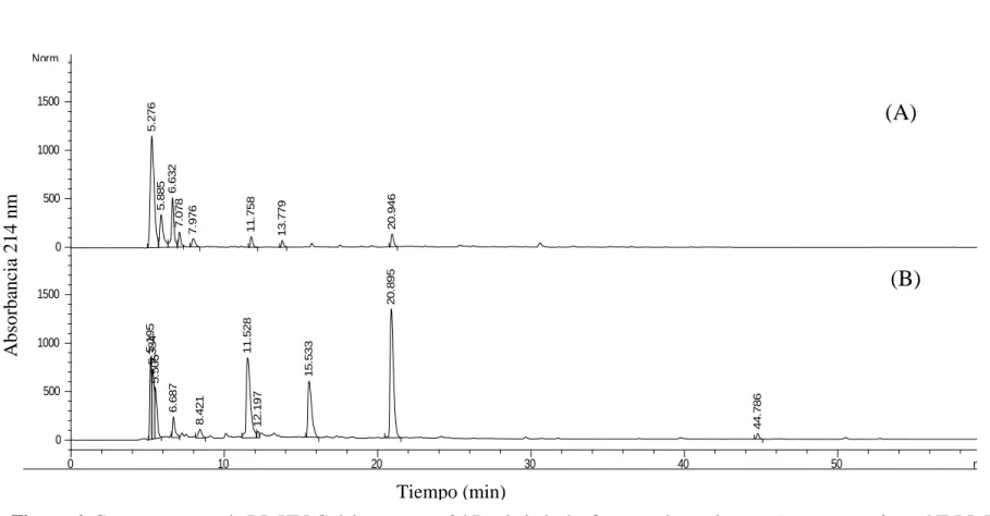 Figura 6. Cromatogramas de RP-HPLC del extracto < 3 kDa de la leche fermentada por la cepa Lactococcus lactis NRRL B-
