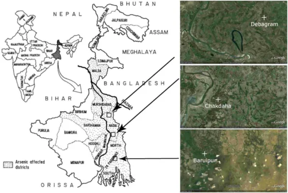 Figure  1.7.  Map  of  the  study  areas  (1:  Debagram;  2:  Chakdaha;  3:  Baruipur)  in  West  Bengal, India showing arsenic affected districts