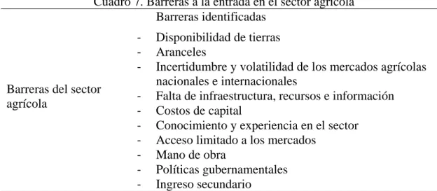 Cuadro 7. Barreras a la entrada en el sector agrícola 