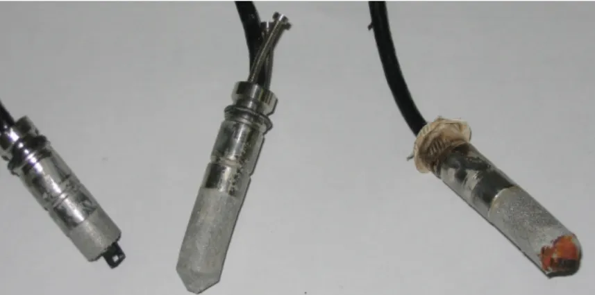 Figure 10: Final appearance of the sensors inserted in the bentonite during the TH test (left: upper  sensor (broken during extraction), right: lower sensor with corrosion evidences) 