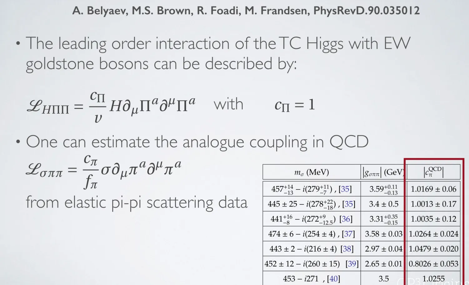 TABLE I: Fits to m and g ⇡⇡ extrapolated from the elastic ⇡⇡ scattering(see [35] for a summary of recent results)